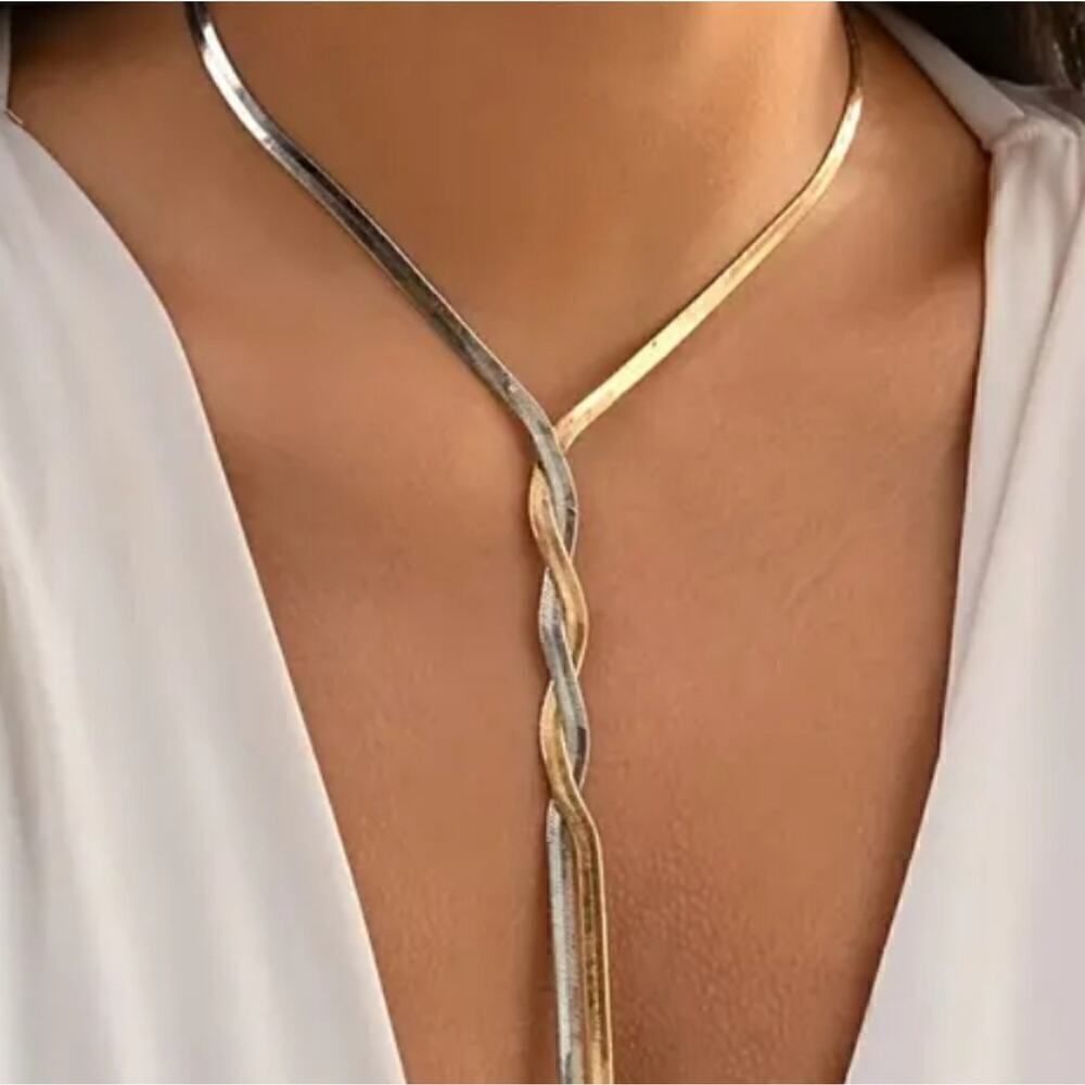 Silver, Gold or Multicolor Long Twisted Y-Shaped Chain Flat Snake Necklace - Picture 6 of 9